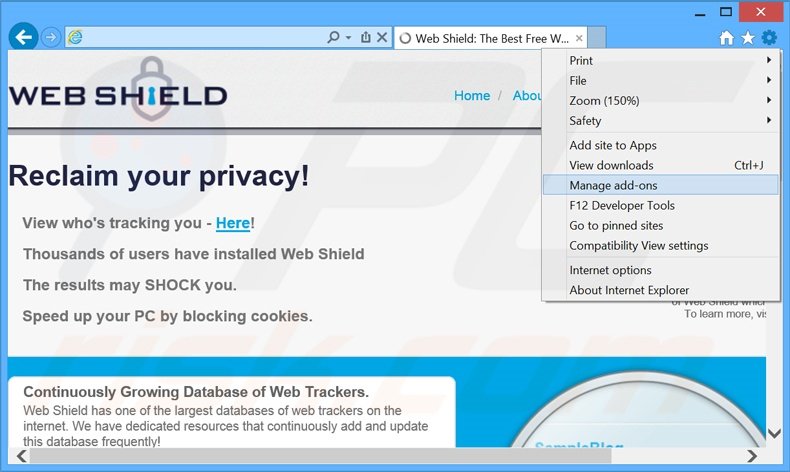 Verwijder de Web Shield advertenties uit Internet Explorer stap 1