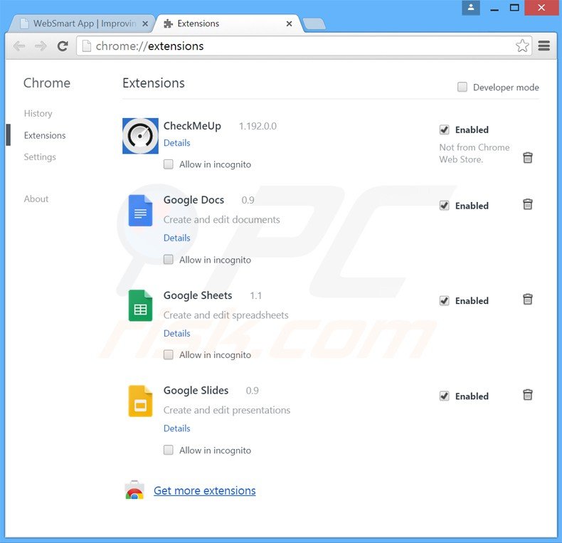 Verwijder websmart app uit Google Chrome stap 2