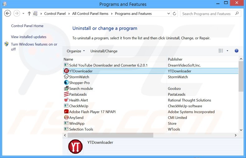 YTDownloader adware verwijdering via het Controle Paneel