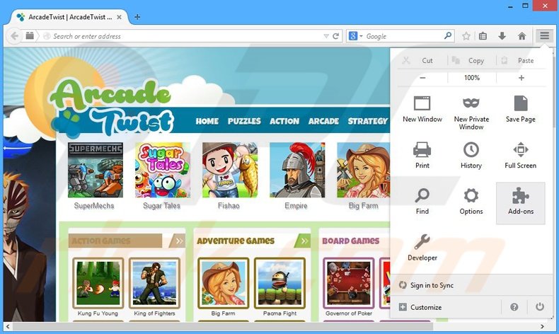 Verwijder de ArcadeTwist advertenties uit Mozilla Firefox stap 1