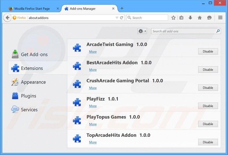 Verwijder de ArcadeTwist advertenties uit Mozilla Firefox stap 2