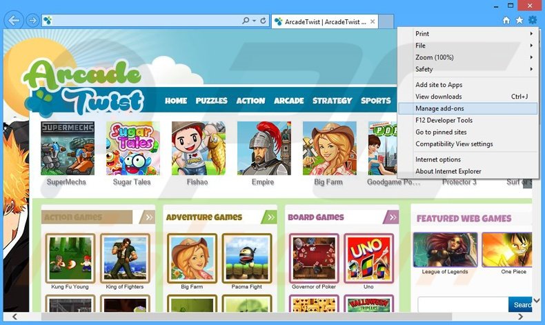 Verwijder de ArcadeTwist advertenties uit Internet Explorer stap 1