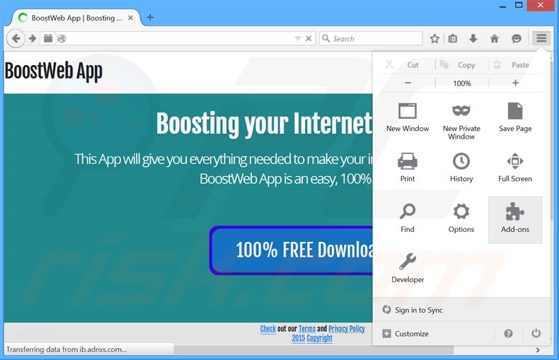 Verwijder de BoostWeb App advertenties uit Mozilla Firefox stap 1