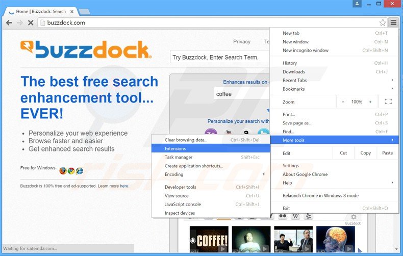 Verwijder de buzzdock advertenties uit Google Chrome stap 1
