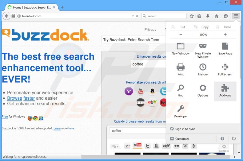 Verwijder de buzzdock advertenties uit Mozilla Firefox stap 1