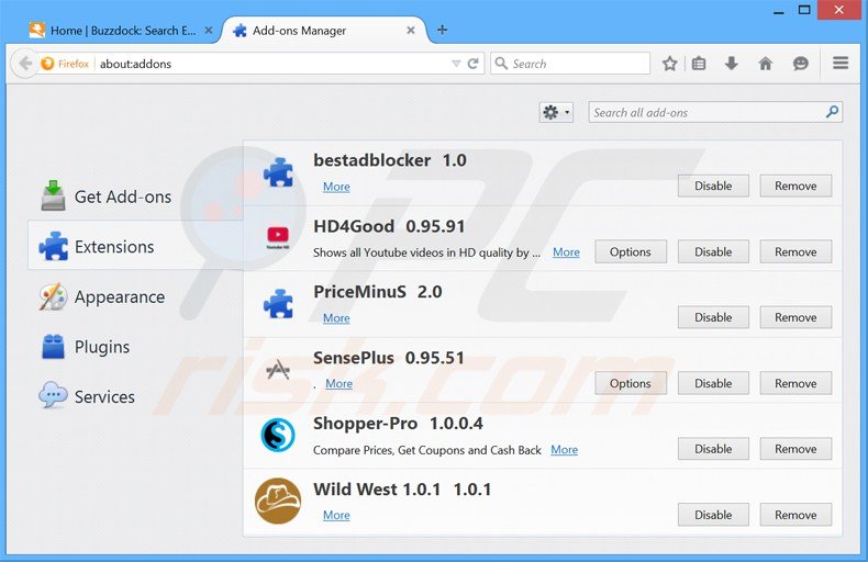 Verwijder de buzzdock advertenties uit Mozilla Firefox stap 2