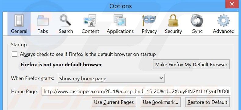 Verwijder cassiopesa.com als startpagina in Mozilla Firefox