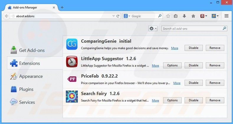 Verwijder de ComparingGenie advertenties uit Mozilla Firefox stap 2