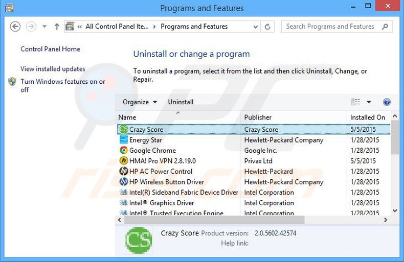crazy score adware verwijdering via het Controle Paneel