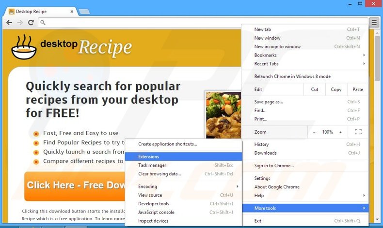 Verwijder de Desktop Recipe advertenties uit Google Chrome stap 1