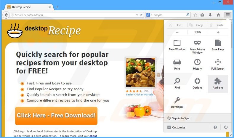 Verwijder de Desktop Recipe advertenties uit Mozilla Firefox stap 1