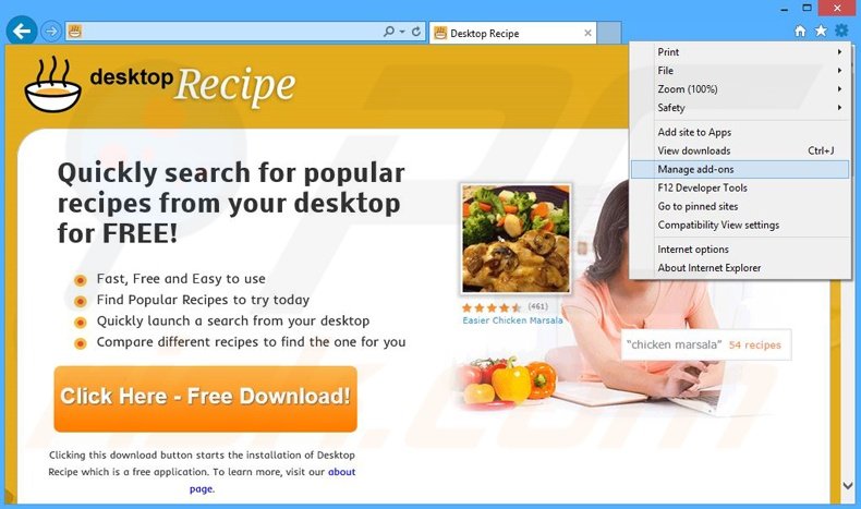 Verwijder de Desktop Recipe advertenties uit Internet Explorer stap 1