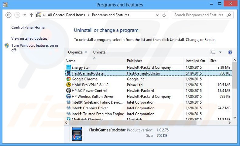FlashGamesRockstar adware verwijdering via het Controle Paneel