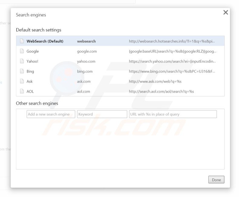 Verwijder websearch.hotsearches.info als standaard zoekmachine in Google Chrome