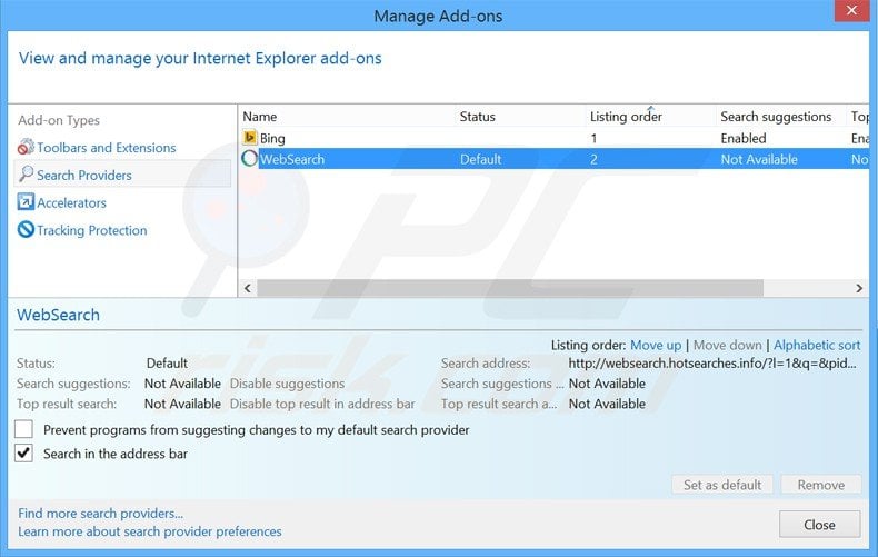 Verwijder websearch.hotsearches.info als standaard zoekmachine in Internet Explorer