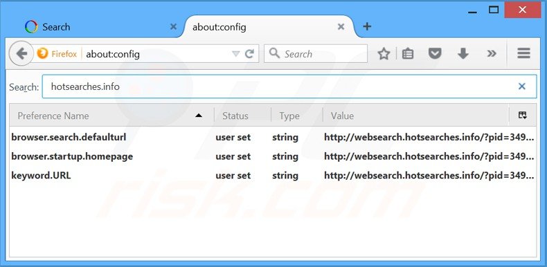 Verwijder websearch.hotsearches.info als standaard zoekmachine in Mozilla Firefox