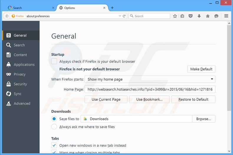 Verwijder websearch.hotsearches.info als startpagina in Mozilla Firefox
