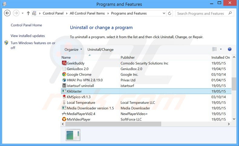 kikblaster adware verwijdering via het Controle Paneel