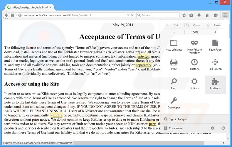 Verwijder de Kikblaster advertenties uit Mozilla Firefox stap 1