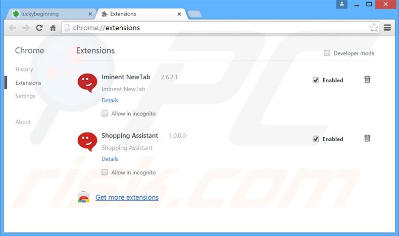 Verwijder aan luckybeginning.com gerelateerde Google Chrome extensies