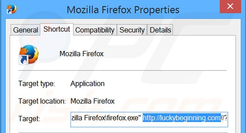 Verwijder luckybeginning.com als doel van de Mozilla Firefox snelkoppeling stap 2