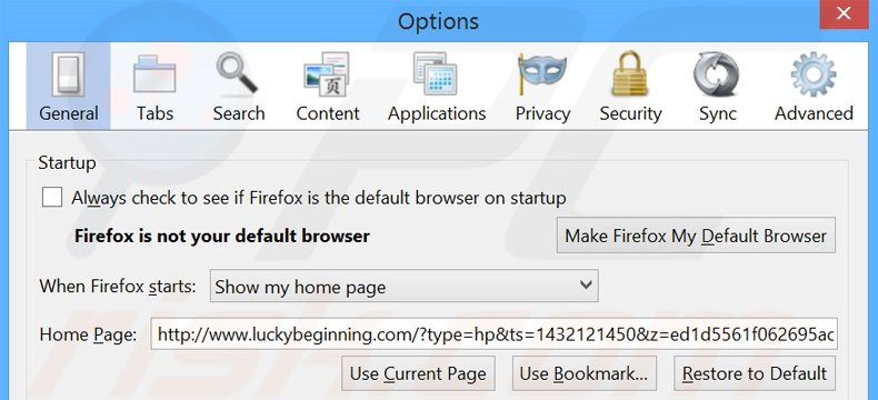 Verwijder luckybeginning.com als startpagina in Mozilla Firefox