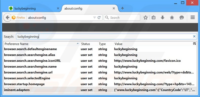 Verwijder luckybeginning.com als standaard zoekmachine in Mozilla Firefox