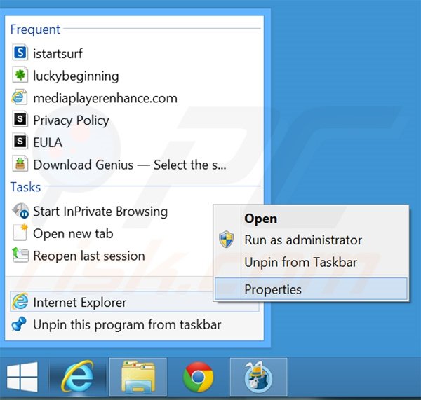 Verwijder luckybeginning.com als doel van de Internet Explorer snelkoppeling stap 1