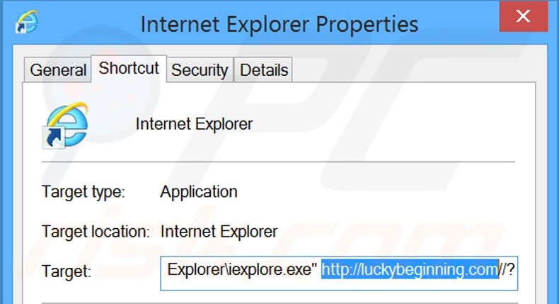 Verwijder luckybeginning.com als doel van de Internet Explorer snelkoppeling stap 2