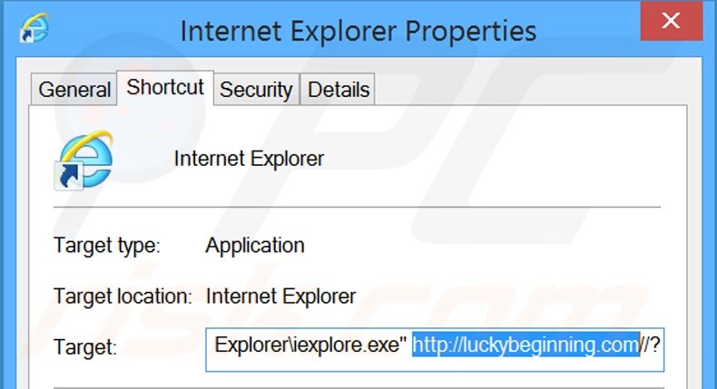 Verwijder luckybeginning.com als doel van de Internet Explorer snelkoppeling stap 2