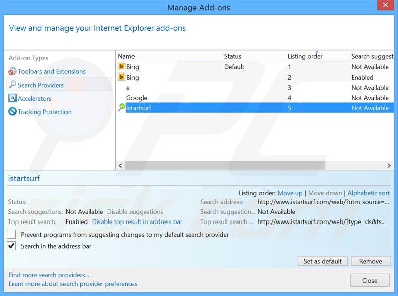 Verwijder luckybeginning.com als standaard zoekmachine in Internet Explorer 
