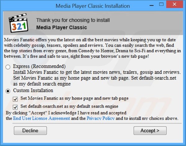 Installer die de moviesfanatic.com browser hijacker verspreidt