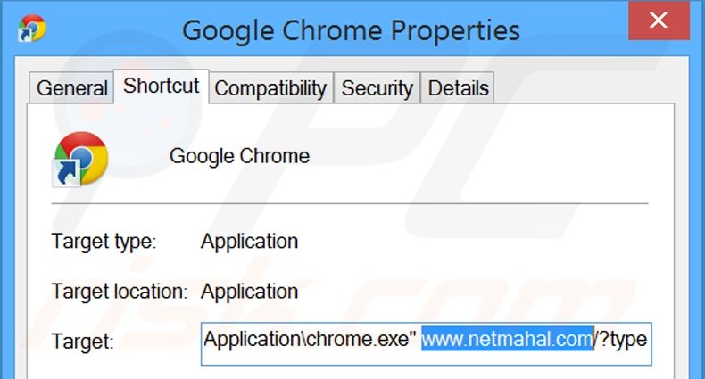 Verwijder netmahal.com als doel van de Google Chrome snelkoppeling stap 2