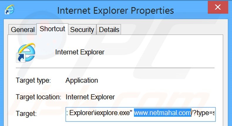 Verwijder netmahal.com als doel van de Internet Explorer snelkoppeling stap 2