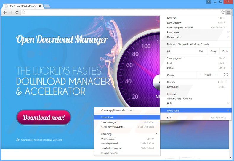 Verwijder de Open Download Manager advertenties uit Google Chrome stap 1