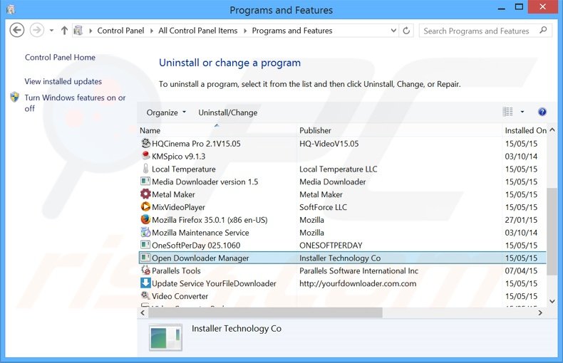 Open Download Manager adware verwijdering via het Controle Paneel