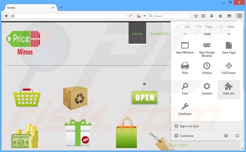 Verwijder de PriceMinus advertenties uit Mozilla Firefox stap 1
