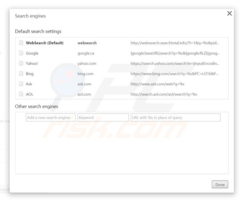 Verwijder websearch.searchtotal.info als standaard zoekmachine in Google Chrome