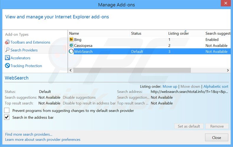 Verwijder websearch.searchtotal.info als standaard zoekmachine in Internet Explorer