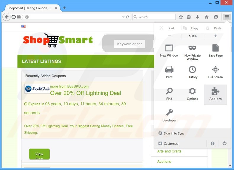 Verwijder de ShopSmart advertenties uit Mozilla Firefox stap 1