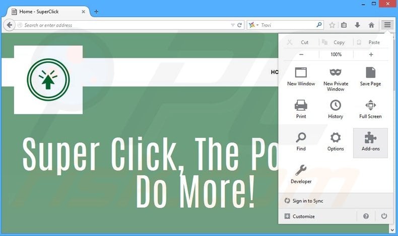 Verwijder de SuperClick advertenties uit Mozilla Firefox stap 1