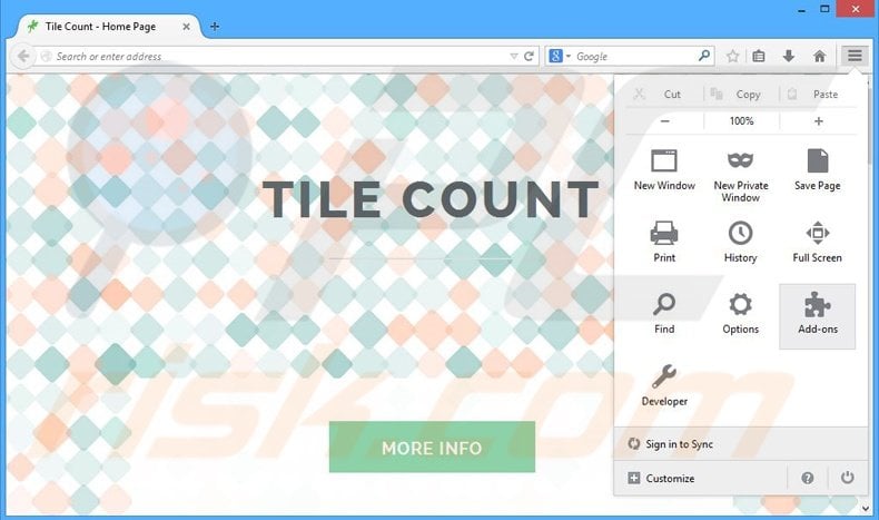 Verwijder de Tile Count advertenties uit Mozilla Firefox stap 1