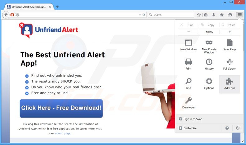 Verwijder de Unfriend Alert advertenties uit Mozilla Firefox stap 1