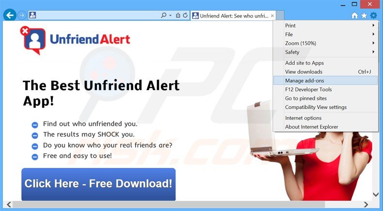 Verwijder de Unfriend Alert advertenties uit Internet Explorer stap 1