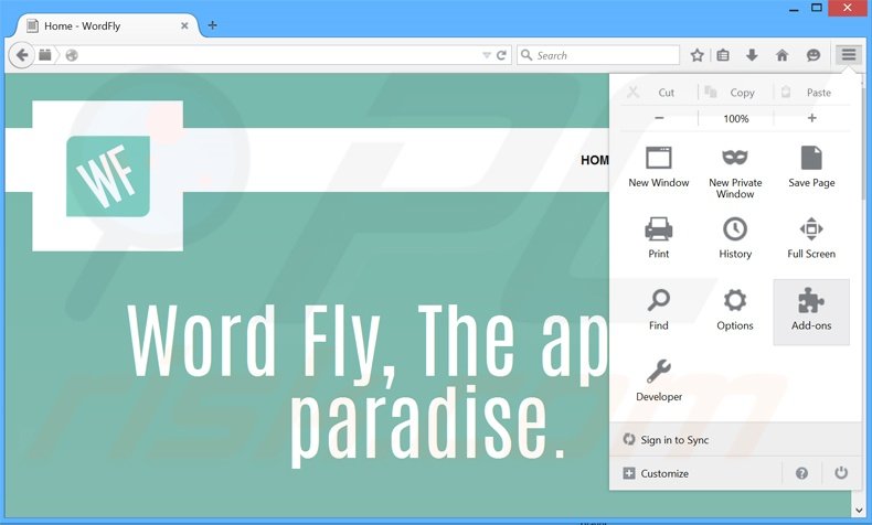 Verwijder de WordFly advertenties uit Mozilla Firefox stap 1