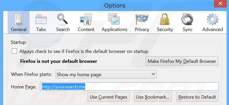Verwijder yousearch.me als startpagina in Mozilla Firefox