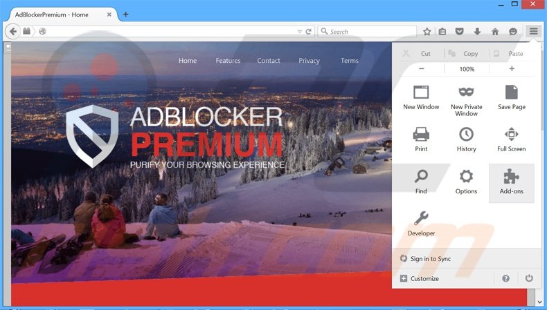 Verwijder de AdBlockerPremium advertenties uit Mozilla Firefox stap 1