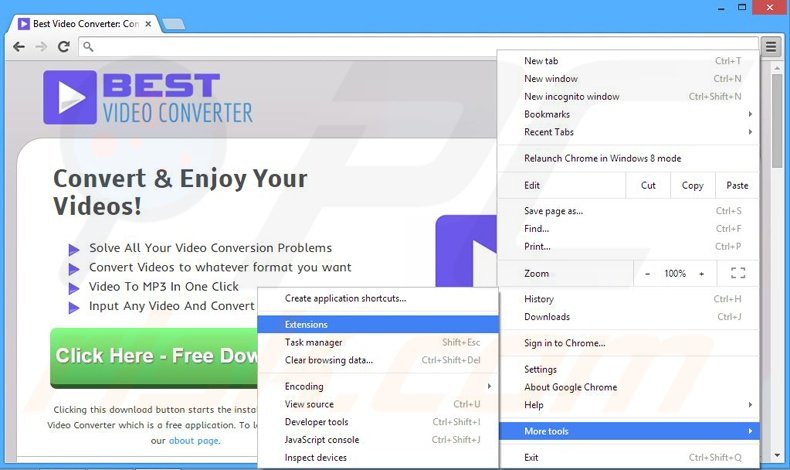 Verwijder de BestVideoConverter advertenties uit Google Chrome stap 1