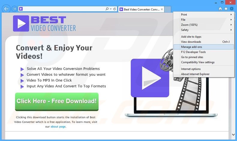 Verwijder de BestVideoConverter advertenties uit Internet Explorer stap 1