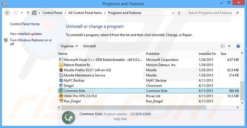 Common Dots adware verwijdering via het Controle Paneel
